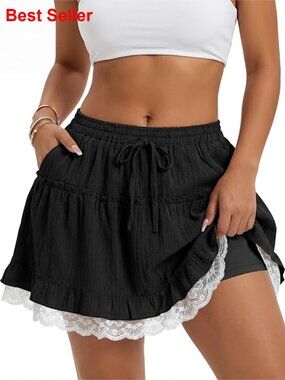 Ruffle Flow Short Skirt Tiered Lace Mini Skort High Waist Drawstring Pockets